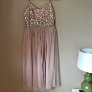 Tea-Length Blush Sequined & Tulle Bridesmaid Dress